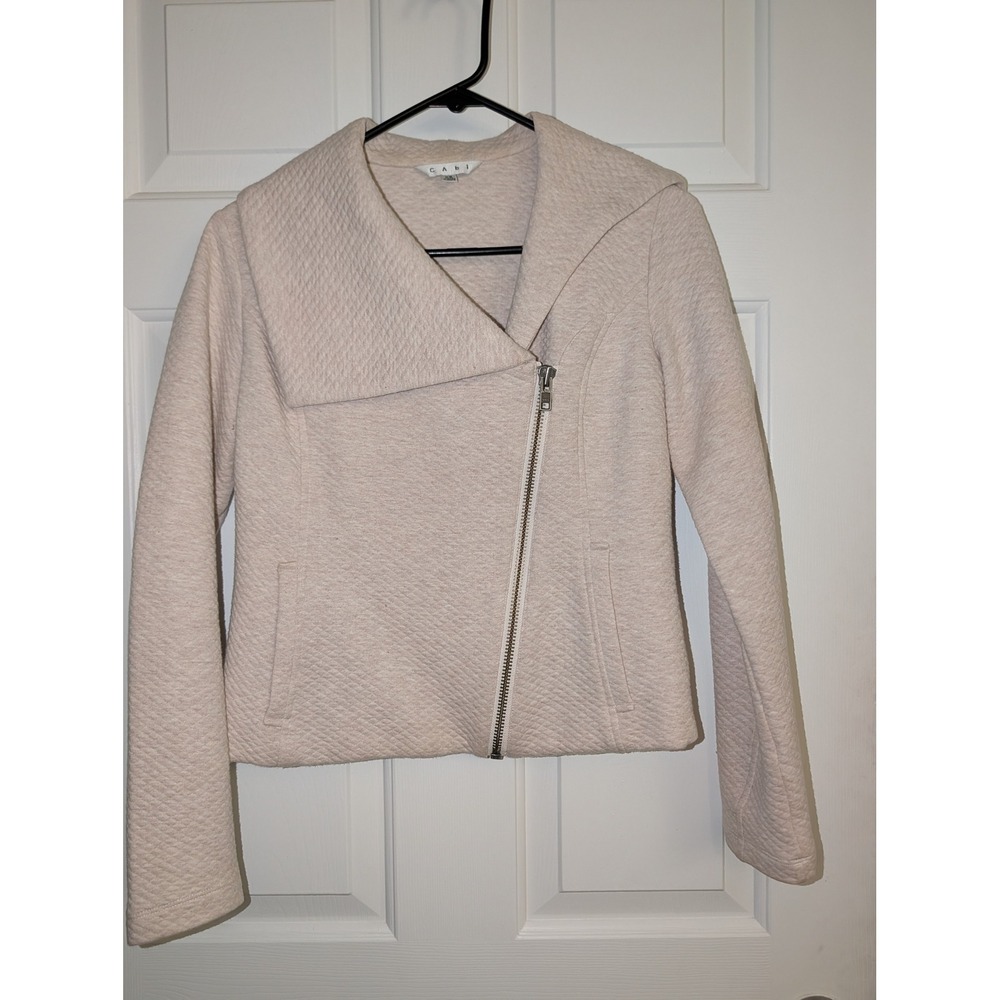 CAbi XS Cream Quilted Moto Jacket Asymmetrical Zip Oversized Collar Textured
